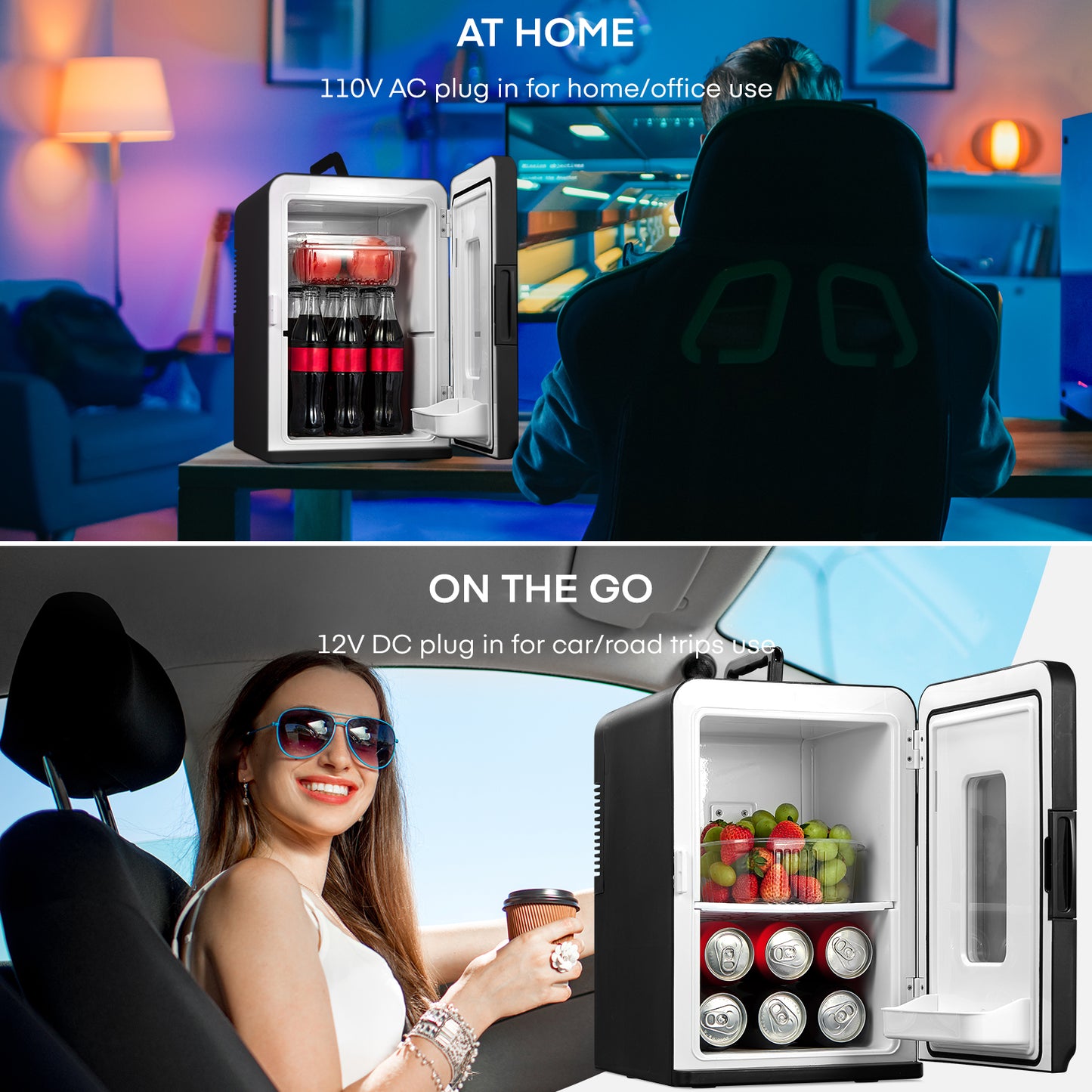 Mini Fridge 15 Liter/21 Cans, AC+DC Power Small Fridge for Bedroom, Car, Office, Thermoelectric Cooler and Warmer Skincare Fridge for Food, Drinks, Cosmetics, Max & ECO Mode, Black