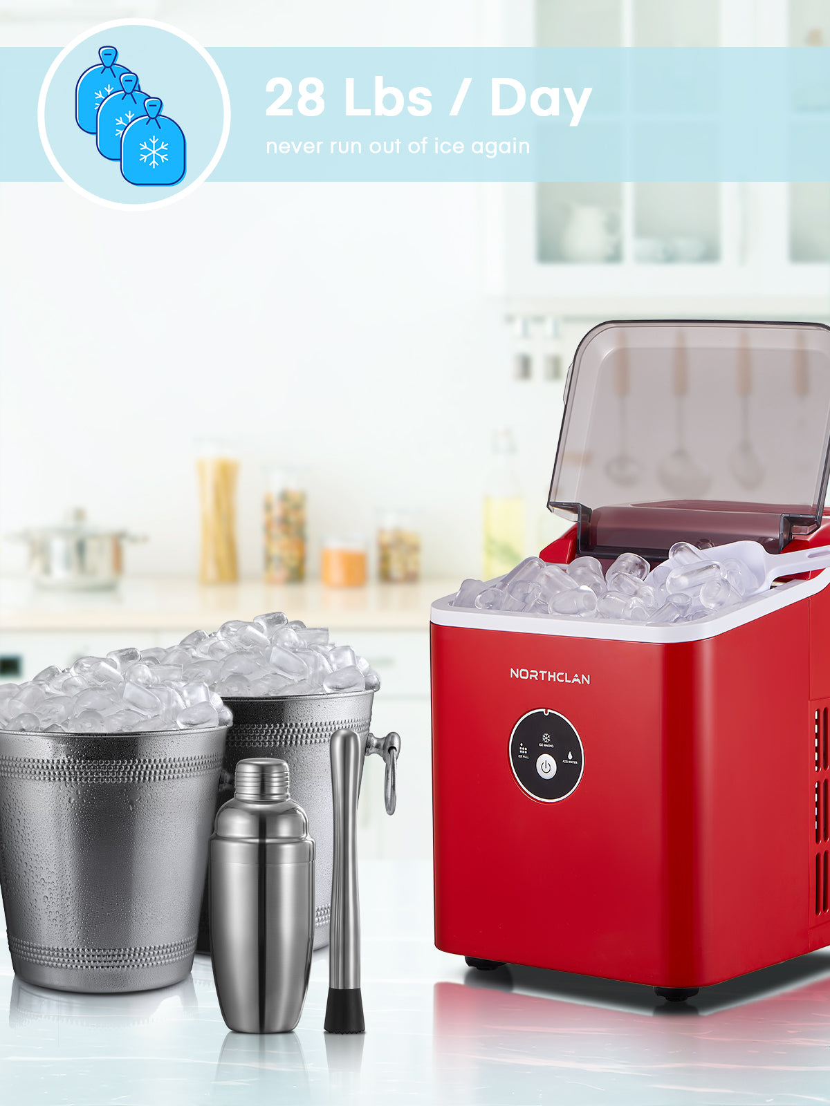 Ice Maker Countertop, 28 lbs Ice In 24 Hrs, 9 Ice Cubes Ready In 5 Minutes, Portable Ice Machine 2L With Led Display Perfect for Parties Mixed Drinks, Ice Scoop & Basket (Red)