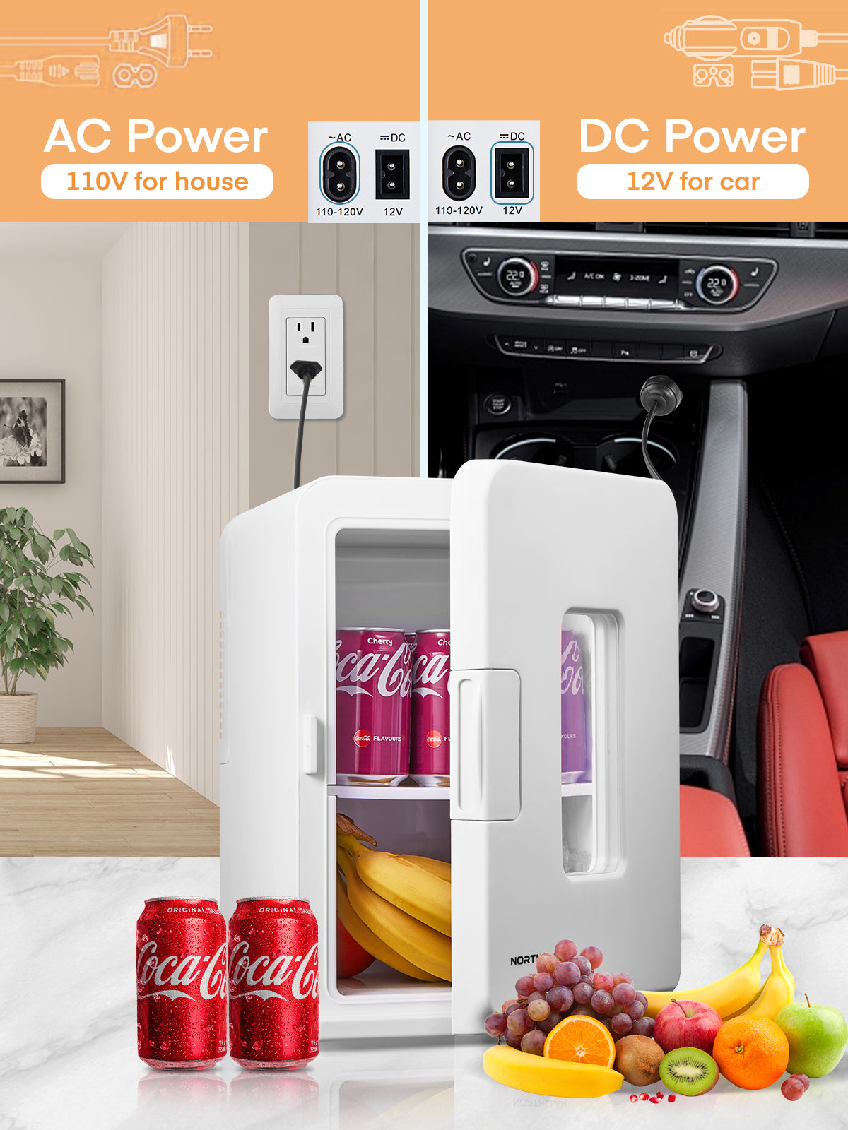 Northclan Mini Fridge for Bedroom, 15 Litre/21 Cans Portable Mini Refrigerator, Skincare Fridge with AC/DC Power, 2 in 1 White Mode Mini Fridge for Office, Dorm and Car