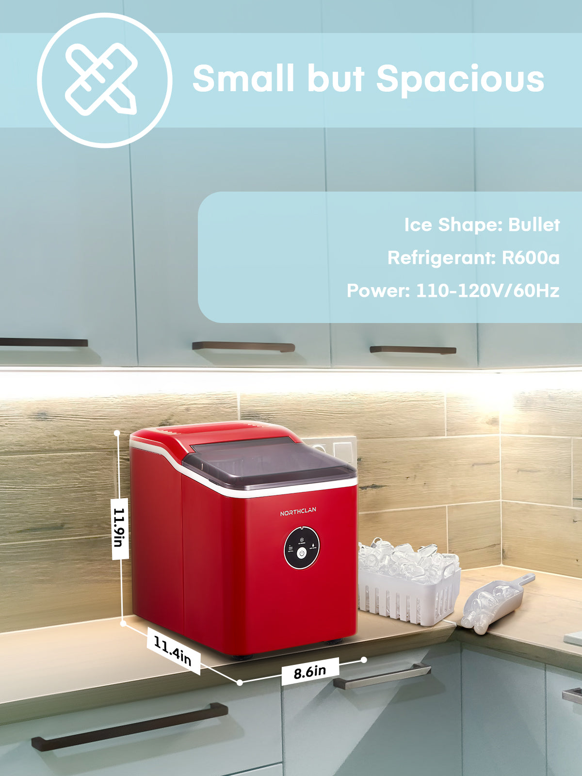 Ice Maker, Countertop, 28 lbs in 24 Hrs, 9 Bullet Ice in 5 Minutes, Retro Red