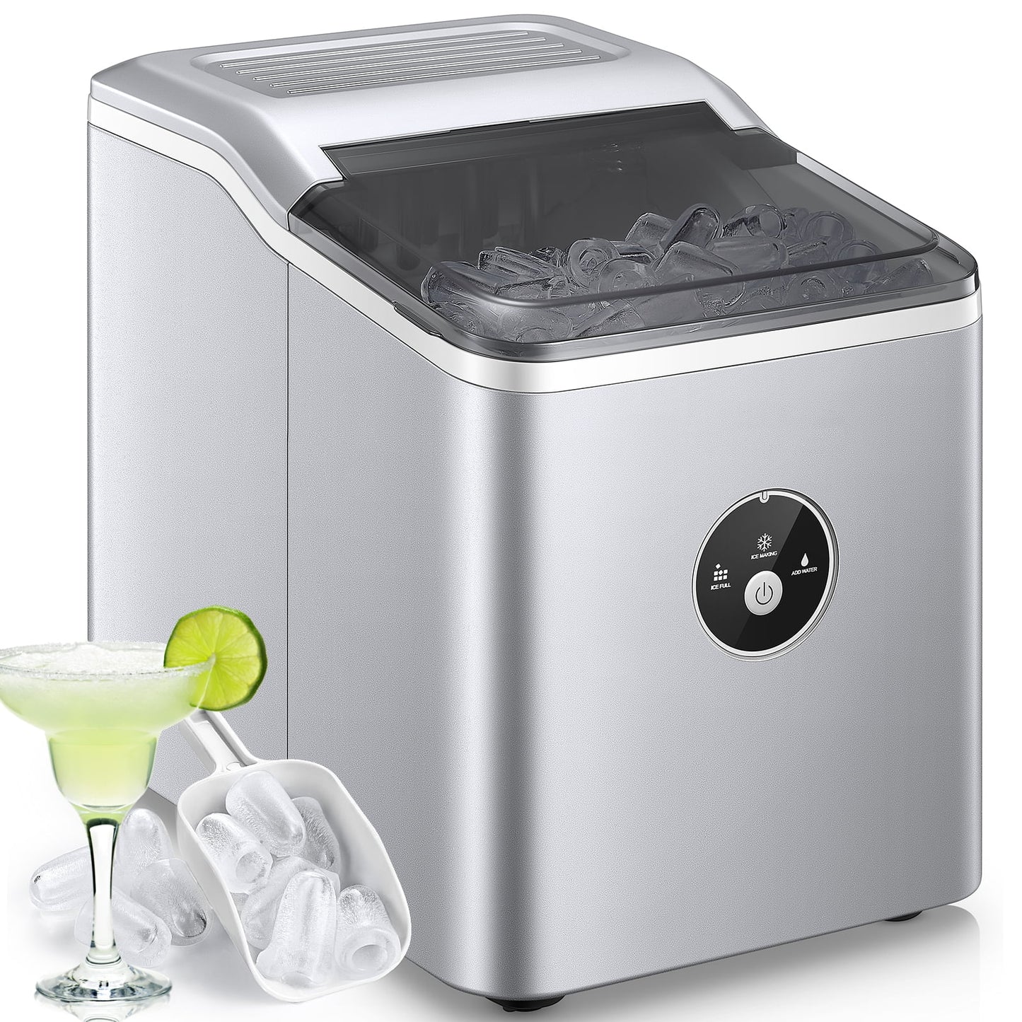 Ice Maker Countertop, 28 lbs Ice in 24 Hrs, 9 Bullet Ice in 5 Minutes, Silver